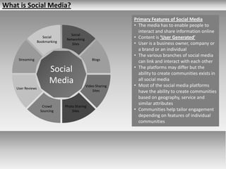 What is Social Media?
                                                               Primary Features of Social Media
                                                               • The media has to enable people to
                                                                 interact and share information online
                                    Social
                      Social
                                  Networking                   • Content is ‘User Generated’
                   Bookmarking
                                     Sites                     • User is a business owner, company or
                                                                 a brand or an individual
                                                               • The various branches of social media
     Streaming                                    Blogs
                                                                 can link and interact with each other
                                                               • The platforms may differ but the
                         Social                                  ability to create communities exists in
                         Media                 Video Sharing
                                                                 all social media
                                                               • Most of the social media platforms
    User Reviews
                                                   Sites         have the ability to create communities
                                                                 based on geography, service and
                                                                 similar attributes
                     Crowd       Photo Sharing
                    Sourcing         Sites                     • Communities help tailor engagement
                                                                 depending on features of individual
                                                                 communities
 