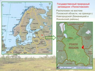 Государственный природный
заповедник «Полистовский»
Расположен на востоке
Псковской области, на границе с
Новгородской (Бежаницкий и
Локнянский районы)




          Pskov
 
