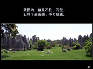 景區內，但見石柱、石壁、
石峰千姿百態，爭奇競麗。




               46
 