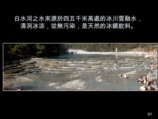 白水河之水來源於四五千米高處的冰川雪融水，
 清冽冰涼，從無污染，是天然的冰鎮飲料。




                        01
 