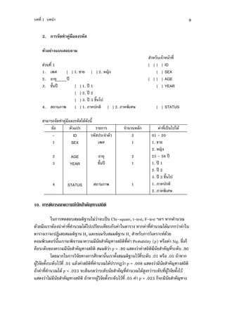 , '1 ,                                                                                        9

          2.               () $ # !

               & "            '
                                                                       ,     "    " '
               '1                                                   [ ][    ]    ID
          1.               [ ] 1. +      [ ] 2. F                      [    ]    SEX
          2.     4         )8                                       [ ][    ]    AGE
          3. +0 )8             [ ] 1. )8 1                             [    ]    YEAR
                               [ ] 2. )8 2
                               [ ] 3. )8 3 !0 1)
          4.                   [ ] 1. )          [ ] 2.                  [ ] STATUS

                       .   # % $     1.". 0
               !"               7)                             $              ' )9 1)1."
               -               ID             )(           2          01 - 20
               1              SEX                          1          1. +
                                                                      2. F
                   2         AGE                  4        2          25 - 38 )8
                   3         YEAR             +0 )8        1          1. )8 1
                                                                      2. )8 2
                                                                      3. )8 3 !0 1)
                   4        STATUS                         1          1. )
                                                                      2.

10.            2, 5                /$ * 6

               -          . ,       > 1 ( )9 Chi-square, t-test, F-test ?$?             5
."         %       "          '   51."1) ) , , , -                       '   51."         -
                  ()B :         > H0 7$(      ,        > H1        ,         ( ."
                      0      (    5              F          ' Probability (p) % Sig. &' 2
     %    (.,!                    F                p = .90 7 .                  F ' (., .90
                 *.       -                   0      0       > 1 " ' (., .01 % .05 "
3"#            0 (.,1 " ' .01 7$"        '   51.") B p = .008 7 .                   F
  "          '       51." p = .023 (        (.,         F '    51." #      (., '3"#   01"
7        . 1                F         " 3#"     0 (.,1 " ' .05 p = .023 2 (           F
 