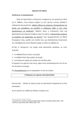 Ερμηνευτικά σχόλια

Σύνδεση με τα προηγούμενα:

          Κατά τον Αριστοτέλη η εὐδαιμονία , σύμφωνα με τον ορισμό στο τέλος
του Α΄ βιβλίου, είναι ἐνέργεια ψυχῆς τις κατ’ ἀρετὴν τελείαν, δηλαδή η
ευδαιμονία δημιουργείται, εφόσον τίθεται σε ενέργεια η δυναμικότητα της
ψυχής και κατορθώνει να αποδίδει ο άνθρωπος κάθε τι που είναι
προορισμένος να αποδώσει 3. Εφόσον, όμως, η ευδαιμονία είναι μια
δραστηριότητα (ενέργεια) σύμφωνη προς την αρετή, ο Αριστοτέλης επιχειρεί
να αναλύσει τον χαρακτήρα της αρετής 4. Στην πραγματικότητα τα Ἠθικὰ
Νικομάχεια είναι, σχεδόν στο σύνολό τους, μια διεξοδικότερη δ ιερεύνηση
του ενδιαφέροντος αυτού θέματος (μέχρι το τέλος του βιβλίου 6).

διττῆς: Η «διαίρεσις» της ψυχής κατά Αριστοτέλη καταλήγει να είναι
τριμερής:

1. το καθαρά ἄλογον μέρος της ψυχής
2. το καθαρά λόγον ἔχον μέρος της ψυχής
3. το ἐνδιάμεσον μέρος που μετέχει και στα δύο μέρη
Η διαίρεση των αρετών είναι διττή, αφού αυτές ανταποκρίνονται στο 2ο και
στο 3ο μέρος της ψυχής.

δὴ: Ανακεφαλαίωση για να προχωρήσει τη νέα του σκέψη.

                        Η διάκριση των αρετών κατά Αριστοτέλη




διανοητικῆς - ἠθικῆς: Οι αρετές κατά τον Αριστοτέλη διακρίνονται σε δύο
κατηγορίες:

α) στις αρετές του καθαυτού έλλογου στοιχείου και




3
    Γεωργούλη Κ.Δ., Ιστορία της Ελληνικής Φιλοσοφίας, εκδόσεις Παπαδήμα, Αθήνα 1994, σ. 306
4
    Ross W.D., Αριστοτέλης, ΜΙΕΤ, Αθήνα 1993, σ. 272
 