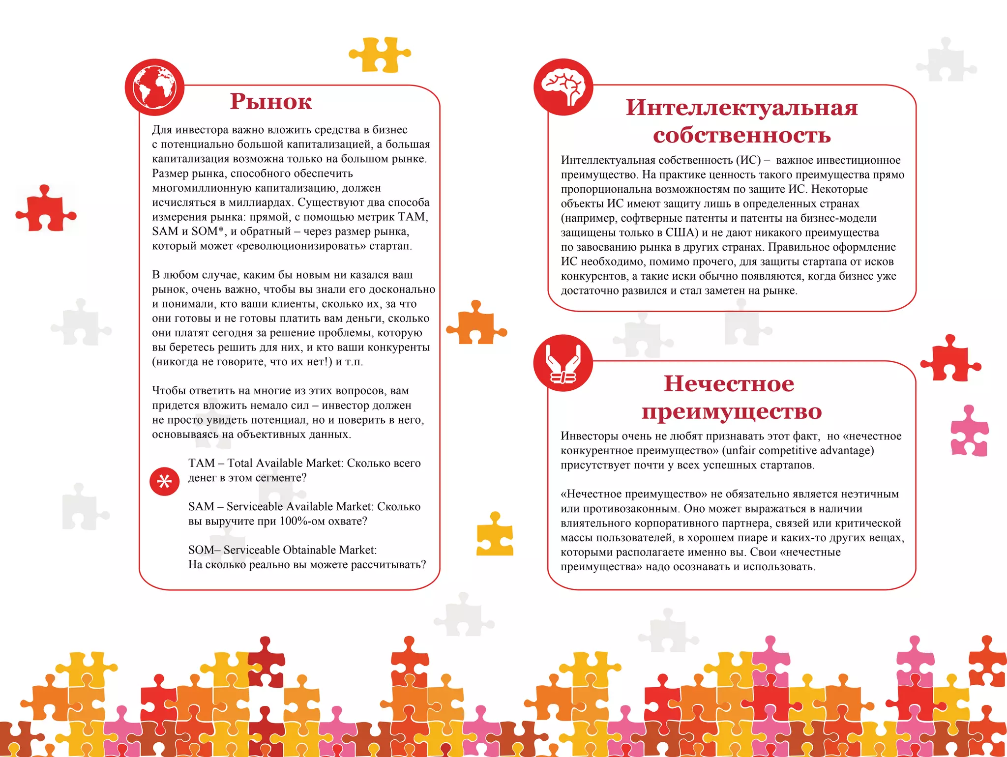 Рынок                                             Интеллектуальная
Для инвестора важно вложить средства в бизнес
с потенциально большой капитализацией, а большая                 собственность
капитализация возможна только на большом рынке.      Интеллектуальная собственность (ИС) – важное инвестиционное
Размер рынка, способного обеспечить                  преимущество. На практике ценность такого преимущества прямо
многомиллионную капитализацию, должен                пропорциональна возможностям по защите ИС. Некоторые
исчисляться в миллиардах. Существуют два способа     объекты ИС имеют защиту лишь в определенных странах
измерения рынка: прямой, с помощью метрик TAM,       (например, софтверные патенты и патенты на бизнес-модели
SAM и SOM*, и обратный – через размер рынка,         защищены только в США) и не дают никакого преимущества
который может «революционизировать» стартап.         по завоеванию рынка в других странах. Правильное оформление
                                                     ИС необходимо, помимо прочего, для защиты стартапа от исков
В любом случае, каким бы новым ни казался ваш        конкурентов, а такие иски обычно появляются, когда бизнес уже
рынок, очень важно, чтобы вы знали его досконально   достаточно развился и стал заметен на рынке.
и понимали, кто ваши клиенты, сколько их, за что
они готовы и не готовы платить вам деньги, сколько
они платят сегодня за решение проблемы, которую
вы беретесь решить для них, и кто ваши конкуренты
(никогда не говорите, что их нет!) и т.п.

Чтобы ответить на многие из этих вопросов, вам                      Нечестное
придется вложить немало сил – инвестор должен
не просто увидеть потенциал, но и поверить в него,                 преимущество
основываясь на объективных данных.                   Инвесторы очень не любят признавать этот факт, но «нечестное
                                                     конкурентное преимущество» (unfair competitive advantage)
      TAM – Total Available Market: Сколько всего    присутствует почти у всех успешных стартапов.

*
      денег в этом сегменте?
                                                     «Нечестное преимущество» не обязательно является неэтичным
      SAM – Serviceable Available Market: Сколько    или противозаконным. Оно может выражаться в наличии
      вы выручите при 100%-ом охвате?                влиятельного корпоративного партнера, связей или критической
                                                     массы пользователей, в хорошем пиаре и каких-то других вещах,
      SOM– Serviceable Obtainable Market:            которыми располагаете именно вы. Свои «нечестные
      На сколько реально вы можете рассчитывать?     преимущества» надо осознавать и использовать.
 