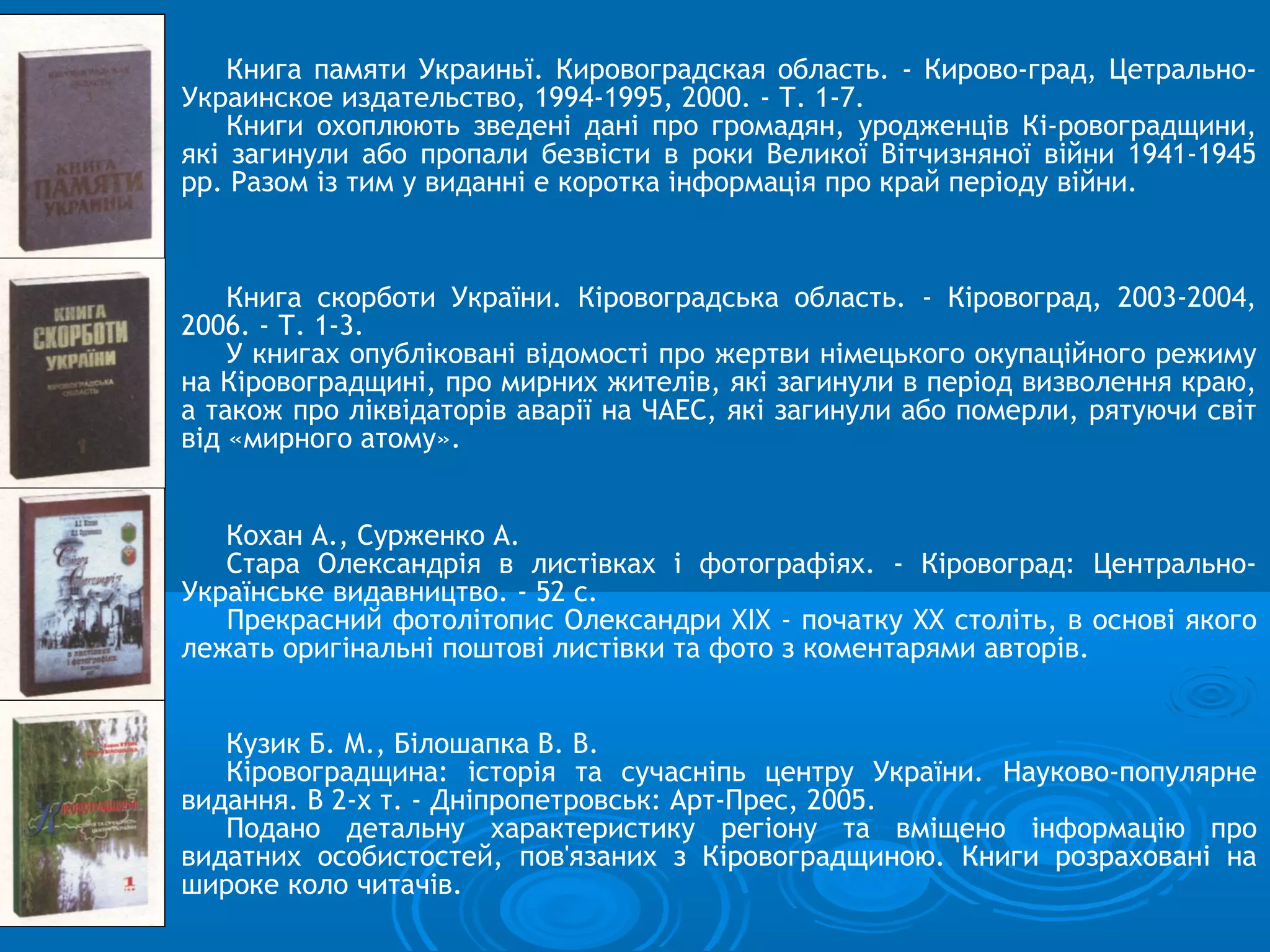 Книга памяти Украиньї. Кировоградская область. - Кирово-град, Цетрально-
Украинское издательство, 1994-1995, 2000. - Т. 1-7.
    Книги охоплюють зведені дані про громадян, уродженців Кі-ровоградщини,
які загинули або пропали безвісти в роки Великої Вітчизняної війни 1941-1945
pp. Разом із тим у виданні е коротка інформація про край періоду війни.



    Книга скорботи України. Кіровоградська область. - Кіровоград, 2003-2004,
2006. - Т. 1-3.
    У книгах опубліковані відомості про жертви німецького окупаційного режиму
на Кіровоградщині, про мирних жителів, які загинули в період визволення краю,
а також про ліквідаторів аварії на ЧАЕС, які загинули або померли, рятуючи світ
від «мирного атому».


   Кохан А., Сурженко А.
   Стара Олександрія в листівках і фотографіях. - Кіровоград: Центрально-
Українське видавництво. - 52 с.
   Прекрасний фотолітопис Олександри XIX - початку XX століть, в основі якого
лежать оригінальні поштові листівки та фото з коментарями авторів.


   Кузик Б. М., Білошапка В. В.
   Кіровоградщина: історія та сучасніпь центру України. Науково-популярне
видання. В 2-х т. - Дніпропетровськ: Арт-Прес, 2005.
   Подано детальну характеристику регіону та вміщено інформацію про
видатних особистостей, пов'язаних з Кіровоградщиною. Книги розраховані на
широке коло читачів.
 