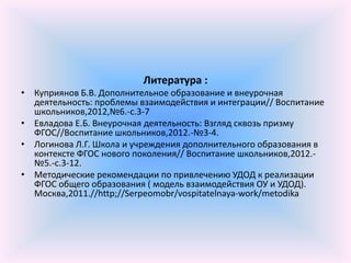 Литература :
• Куприянов Б.В. Дополнительное образование и внеурочная
  деятельность: проблемы взаимодействия и интеграции// Воспитание
  школьников,2012,№6.-с.3-7
• Евладова Е.Б. Внеурочная деятельность: Взгляд сквозь призму
  ФГОС//Воспитание школьников,2012.-№3-4.
• Логинова Л.Г. Школа и учреждения дополнительного образования в
  контексте ФГОС нового поколения// Воспитание школьников,2012.-
  №5.-с.3-12.
• Методические рекомендации по привлечению УДОД к реализации
  ФГОС общего образования ( модель взаимодействия ОУ и УДОД).
  Москва,2011.//http;//Serpeomobr/vоspitatelnaya-work/metodika
 