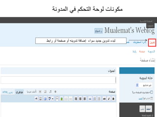 لبدء تدوين جديد سواء  إضافة تدوينه أو صفحة أو رابط مكونات لوحة التحكم في المدونة 