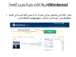 اختيار اللغة التي ستتعاملين بها في المدونة ،إذا لم تجدي اللغة العربية في القائمة اختاري  More Languages   واختاري الحرفين  ar   وتعني  Arabic . طريقة إنشاء مدونة بمزود الخدمة  ( Wordpress ) للتسجيل في الموقع 