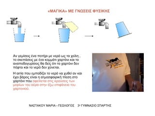 ΝΑΣΤΑΚΟΥ ΜΑΡΙΑ - ΓΕΩΛΟΓΟΣ  3 ο  ΓΥΜΝΑΣΙΟ ΣΠΑΡΤΗΣ «ΜΑΓΙΚΑ» ΜΕ ΓΝΩΣΕΙΣ ΦΥΣΙΚΗΣ Αν γεμίσεις ένα ποτήρι με νερό ως τα χείλη , το σκεπάσεις με ένα κομμάτι χαρτόνι και το αναποδογυρίσεις θα δείς ότι το χαρτόνι δεν πέφτει και το νερό δεν χύνεται. Η αιτία που εμποδίζει το νερό να χυθεί αν και έχει βάρος είναι η ατμοσφαιρική πίεση στο χαρτόνι που  οφείλεται στις κρούσεις των μορίων του αέρα στην έξω επιφάνεια του χαρτονιού. 