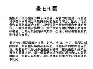 畫 ER 圖 婚姻介紹所將盡全力媒合報名者。媒合的原則是：報名者可以在不同的媒合日期與不同的報名者媒合。因此，每次媒合必須記載媒合日期，以確保同一天參與媒合安排的雙方，不會被重複安排媒合。雖然婚姻介紹所會盡全力媒合報名者，但是可能因為條件要求不合適，報名者會沒有被進行媒合安排。 　 報名者必須記載報名序號、姓名、生日、年紀、學歷及婚姻狀態。其中報名序號必不相同，而報名者的學歷可以多個。報名者可以參加多個婚姻介紹所，當然婚姻介紹所也擁有多個報名者。每一個婚姻介紹所都必須有合法的登記證號碼、負責人及住址。其中婚姻介紹所的登記證號碼必不相同。 