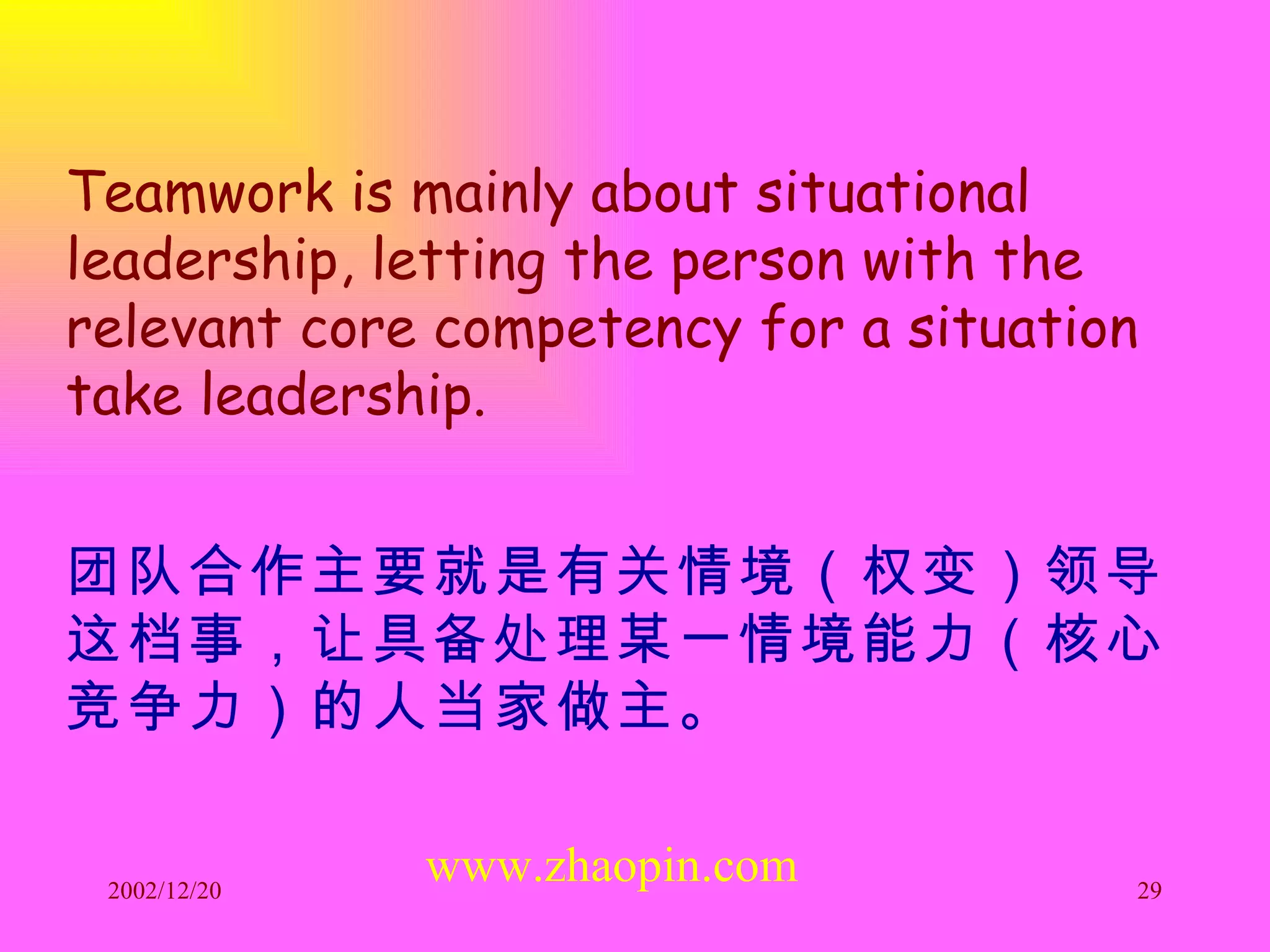 Teamwork is mainly about situational leadership, letting the person with the relevant core competency for a situation take leadership. 团队合作主要就是有关情境（权变）领导这档事，让具备处理某一情境能力（核心竞争力）的人当家做主。 www.zhaopin.com 