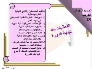 1-  تقييم المستهدفين والنتائج النهائية النظرية والعملية  2-  الاجراءات  الادارية لمغادرة المستهدفين  الي جهات العمل  3-  قفل الملفات الادارية والمالية  للدورة  4-  تطبيق استمارة تقييم الدورة  وتحليلها واستخلاص النتائج  5-  اعداد التقرير النهائي للدورة  6-  تسوية العهد والاجراءات المالية وفق التشريعات النافذة 7 -  اعداد حقيبية تدريبية تشتمل على كل  مستندات الدورة  ومناهجها  8-  توثيق الحقيبة وتسليمها الي الجهات ذات الاختصاص   للحفظ والرجوع اليها عند الضرورة  الفعاليات بعد نهاية الدورة تصميم الدورات التدريبية (3) 