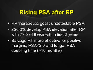 Rising PSA after RP RP therapeutic goal : undetectable PSA 25-50% develop PSA elevation after RP with 77% of these within first 2 years Salvage RT more effective for positive margins, PSA<2.0 and longer PSA doubling time (>10 months) 