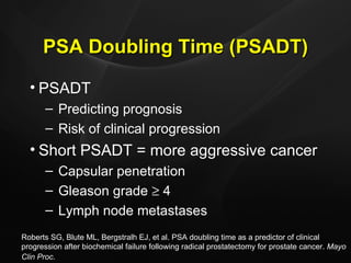 PSA Doubling Time (PSADT) PSADT Predicting prognosis Risk of clinical progression Short PSADT = more aggressive cancer Capsular penetration Gleason grade    4 Lymph node metastases  Roberts SG, Blute ML, Bergstralh EJ, et al. PSA doubling time as a predictor of clinical progression after biochemical failure following radical prostatectomy for prostate cancer.  Mayo Clin Proc . 