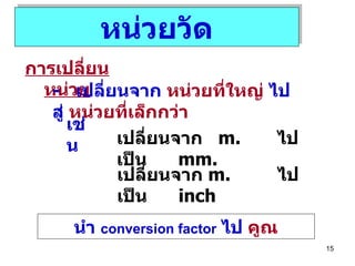 หน่วยวัด การเปลี่ยนหน่วย -  เปลี่ยนจาก   หน่วยที่ใหญ่   ไปสู่   หน่วยที่เล็กกว่า เช่น เปลี่ยนจาก   m.  ไปเป็น  mm.   เปลี่ยนจาก   m.  ไปเป็น  inch นำ  conversion factor   ไป   คูณ 