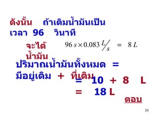 ดังนั้น   ถ้าเติมน้ำมันเป็นเวลา  96  วินาที จะได้น้ำมัน  ปริมาณน้ำมันทั้งหมด   =   มีอยู่เดิม   +  ที่เติม =   10   +  8  L  =  18  L ต อบ 