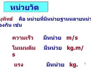หน่วยวัด  หน่วยอนุพัทธ์   คือ หน่วยที่มีหน่วยฐานหลายหน่วยมา เกี่ยวเนื่องกัน เช่น ความเร็ว   มีหน่วย   m/s   โมเมนตัม   มีหน่วย   kg.m/s  แรง   มีหน่วย   kg. m/s 2   หรือ   นิวตัน ,  N 