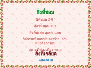 สิ่งที่ชอบ สีที่ชอบ สีฟ้า สัตว์ที่ชอบ แมว สิ่งที่สะสม อุลตร้าแมน กิจกรรมที่ชอบทำเวลาว่าง  อ่านหนังสือการ์ตูน สถานที่ท่องเที่ยว ทะเล สิ่งที่เกลียด แมลงสาบ 