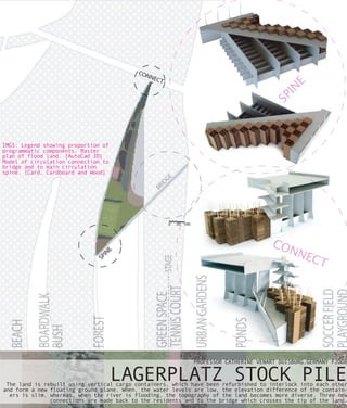 E
                                                                                        IN
                                                                                     SP
IMGS: Legend showing proportion of
programmatic components. Master
plan of flood land. [AutoCad 3D]
Model of circulation connection to
bridge and to main circulation
spine. [Card, Cardboard and Wood]




                                                                                     CO
                                                                                           NN
                                                                                                ECT




                                                            PROFESSOR CATHERINE VENART DUISBURG,GERMANY F2OO8


                                     LAGERPLATZ STOCK PILE
 The land is rebuilt using vertical cargo containers, which have been refurbished to interlock into each other
and form a new floating ground plane. When, the water levels are low, the elevation difference of the contain-
  ers is slim, whereas, when the river is flooding, the topography of the land becomes more diverse. Three new
               connections are made back to the residents and to the bridge which crosses the tip of the land.
 