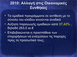 2010: Αλλαγή στις Οικονομικές
Συνθήκες
• Τα ομαδικά προγράμματα σε αντίθεση με το
σύνολο του κλάδου κινούνται ανοδικά
• Αύξηση παραγωγής ομαδικών κατά 37,42% ,
δηλαδή 263,5 εκ.€
• Επιβεβαιώνεται η προσπάθεια των
επιχειρήσεων να ενισχύσουν τις παροχές
προς το προσωπικό τους.
 