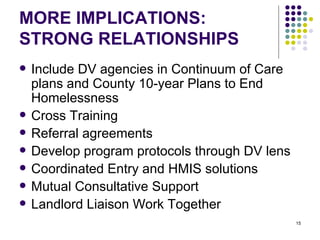 MORE IMPLICATIONS: STRONG RELATIONSHIPS Include DV agencies in Continuum of Care plans and County 10-year Plans to End Homelessness Cross Training Referral agreements Develop program protocols through DV lens Coordinated Entry and HMIS solutions Mutual Consultative Support Landlord Liaison Work Together 