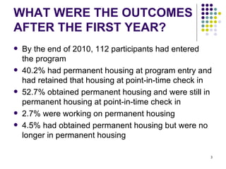 WHAT WERE THE OUTCOMES AFTER THE FIRST YEAR? By the end of 2010, 112 participants had entered the program 40.2% had permanent housing at program entry and had retained that housing at point-in-time check in 52.7% obtained permanent housing and were still in permanent housing at point-in-time check in 2.7% were working on permanent housing 4.5% had obtained permanent housing but were no longer in permanent housing  