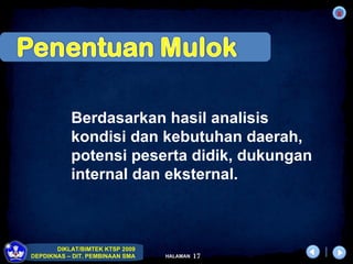 Berdasarkan hasil analisis kondisi dan kebutuhan daerah,  potensi peserta didik, dukungan internal dan eksternal.  