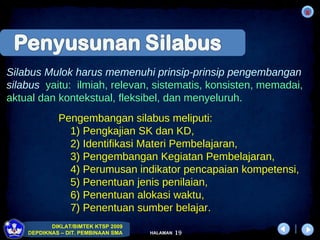 Silabus Mulok harus memenuhi prinsip-prinsip pengembangan silabus   yaitu:  ilmiah, relevan, sistematis, konsisten, memadai, aktual dan kontekstual, fleksibel, dan menyeluruh.  Pengembangan silabus meliputi:  1) Pengkajian SK dan KD,  2) Identifikasi Materi Pembelajaran, 3) Pengembangan Kegiatan Pembelajaran,  4) Per umusan indikator pencapaian kompetensi, 5) Penentuan jenis penilaian, 6) Penentuan alokasi waktu,  7) Penentuan sumber belajar.  