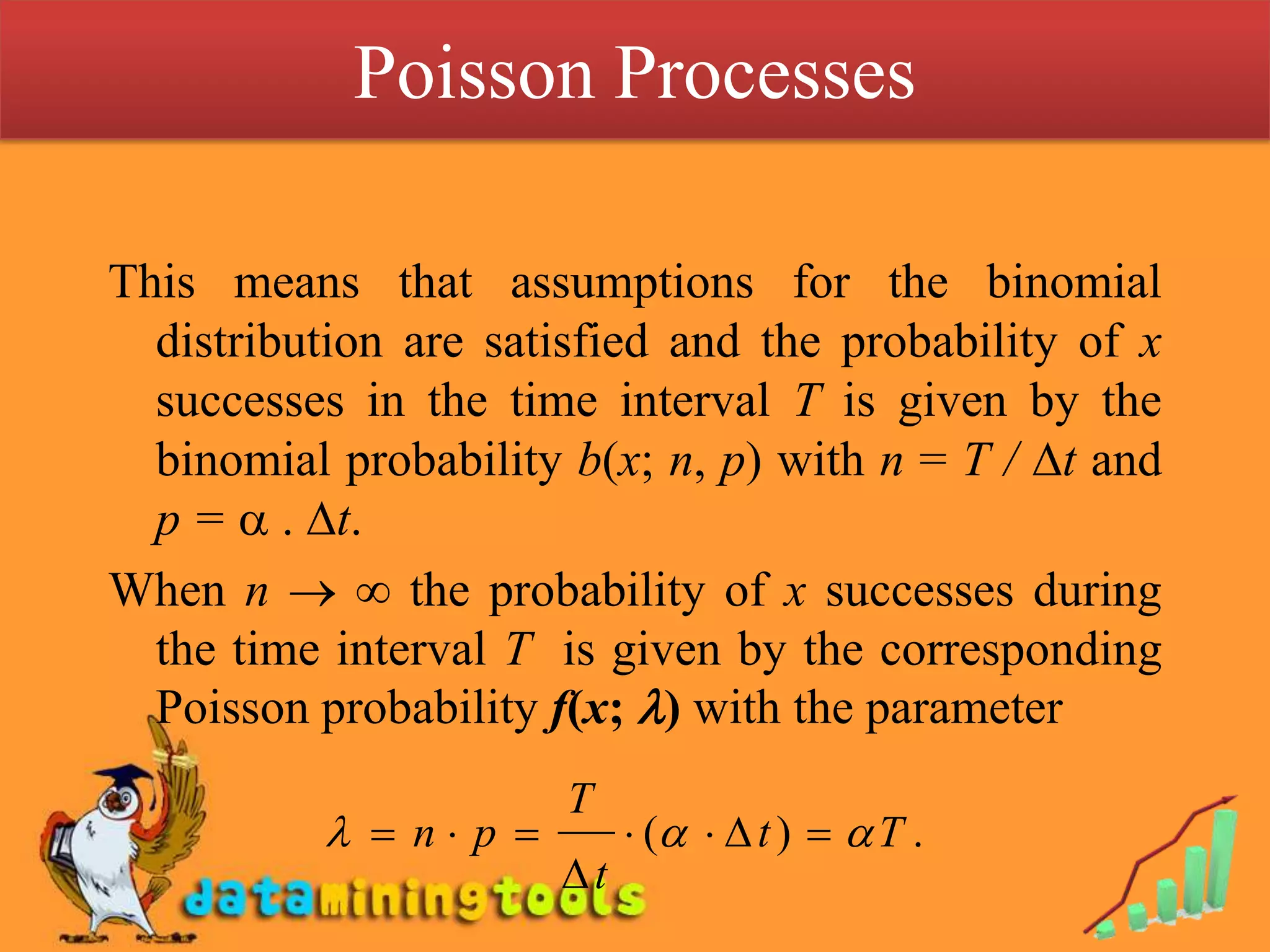 Poisson Processes This means that assumptions for the binomial distribution are satisfied and the probability of x successes in the time interval T is given by the binomial probability b(x; n, p) with n = T / t and p =  . t.When n   the probability of x successes during the time interval T  is given by the corresponding Poisson probability f(x; ) with the parameter