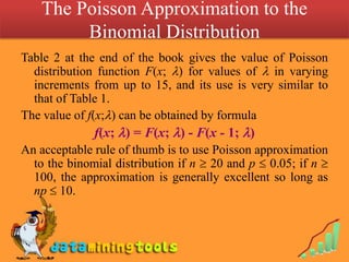 The Poisson Approximation to the Binomial Distribution <br />Table 2 at the end of the book gives the value of Poisson dis...