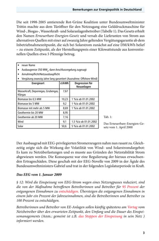 Bemerkungen zur Energiepolitik in Deutschland

Die seit 1998-2005 amtierende Rot-Grüne Koalition unter Bundesumweltminister
Trittin machte aus dem Türöffner für den Netzzugang eine Gelddruckmaschine für
Wind-, Biogas-, Wasserkraft- und Solaranlagenbetreiber (Tabelle 1). Das Gesetz erhielt
den Namen Erneuerbare-Energien-Gesetz und versah die Lieferanten von Strom aus
alternativen Quellen mit einer auf zwanzig Jahre geltenden Vergütungsgarantie ab dem
Inbetriebnahmezeitpunkt, die sich bei Solarstrom zunächst auf eine DM/kWh belief
– zu einem Zeitpunkt, als der Herstellungspreis einer Kilowattstunde aus konventionellen Quellen etwa 5 Pfennige betrug.
•	 neuer Name
•	 Ausbaugrenze 350 MWp, dann Anschlussregelung zugesagt
•	 Annahmepflicht/Netzausbaupflicht
•	 Vergütung zwanzig Jahre lang garantiert (Ausnahme: Offshore-Wind)
	
Energieart	
ct/kWh	
Degression für
			Neuanlagen
Wasserkraft, Deponiegas, Grubengas,	
Klärgas
Biomasse bis 0,5 MW	

7,67
10,23	

1 %/a ab 01.01.2002

Biomasse bis 5 MW	

9,2	

1 %/a ab 01.01.2002

Biomasse mit mehr als 5 MW	

8,69	

1 %/a ab 01.01.2002

Geothermie bis 20 MW	

8,95

Geothermie ab 20 MW	

7,16

Wind	

9,1	

Solar	

50,6	

Tab. 1:
1,5 %/a ab 01.01.2002
5 %/a ab 01.01.2002

Das Erneuerbare-Energien-Gesetz vom 1. April 2000

Der Ausbaugrad mit EEG-privilegierten Stromerzeugern nahm nun rasant zu. Gleichzeitig zeigte sich die Wirkung der Volatilität von Wind- und Solarstromdargebot:
Es kam zu Netzüberlastungen und es musste aus Gründen der Netzstabilität Strom
abgewiesen werden. Die Konsequenz war eine Regulierung der hieraus erwachsenden Ertragsschäden. Diese geschah mit der EEG-Novelle von 2009 in der Ägide des
Bundesumweltministers Gabriel und trat in der folgenden Legislaturperiode in Kraft.
Das EEG vom 1. Januar 2009
§ 12: Wird die Einspeisung von EEG-Strom wegen eines Netzengpasses reduziert, sind
die von der Maßnahme betroffenen Betreiberinnen und Betreiber für 95 Prozent der
entgangenen Einnahmen zu entschädigen. Übersteigen die entgangenen Einnahmen in
einem Jahr ein Prozent der Jahreseinnahmen, sind die Betreiberinnen und Betreiber zu
100 Prozent zu entschädigen.
Betreiberinnen und Betreiber von EE-Anlagen sollen künftig spätestens am Vortag vom
Netzbetreiber über den erwarteten Zeitpunkt, den Umfang und die Dauer des Einspeisemanagements (Anm.: gemeint ist z.B. das Stoppen der Einspeisung in sein Netz )
informiert werden.
3

 