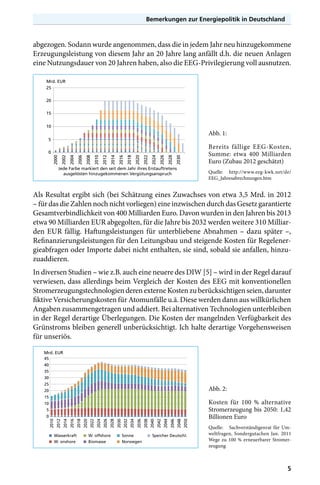 Bemerkungen zur Energiepolitik in Deutschland

abgezogen. Sodann wurde angenommen, dass die in jedem Jahr neu hinzugekommene
Erzeugungsleistung von diesem Jahr an 20 Jahre lang anfällt d.h. die neuen Anlagen
eine Nutzungsdauer von 20 Jahren haben, also die EEG-Privilegierung voll ausnutzen.
Mrd. EUR
25
20
15
10

Abb. 1:

5

Bereits fällige EEG-Kosten,
Summe: etwa 400 Milliarden
Euro (Zubau 2012 geschätzt)

2030

2028

2026

2024

2022

2020

2018

2016

2014

2012

2010

2008

2006

2004

2002

2000

0

Jede Farbe markiert den seit dem Jahr ihres Erstauftretens
ausgelösten hinzugekommenen Vergütungsanspruch

Quelle:	http://www.eeg-kwk.net/de/
EEG_Jahresabrechnungen.htm

Als Resultat ergibt sich (bei Schätzung eines Zuwachses von etwa 3,5 Mrd. in 2012
– für das die Zahlen noch nicht vorliegen) eine inzwischen durch das Gesetz garantierte
Gesamtverbindlichkeit von 400 Milliarden Euro. Davon wurden in den Jahren bis 2013
etwa 90 Milliarden EUR abgegolten, für die Jahre bis 2032 werden weitere 310 Milliarden EUR fällig. Haftungsleistungen für unterbliebene Abnahmen – dazu später –,
Refinanzierungsleistungen für den Leitungsbau und steigende Kosten für Regelenergieabfragen oder Importe dabei nicht enthalten, sie sind, sobald sie anfallen, hinzuzuaddieren.
In diversen Studien – wie z.B. auch eine neuere des DIW [5] – wird in der Regel darauf
verwiesen, dass allerdings beim Vergleich der Kosten des EEG mit konventionellen
Stromerzeugungstechnologien deren externe Kosten zu berücksichtigen seien, darunter
fiktive Versicherungskosten für Atomunfälle u.ä. Diese werden dann aus willkürlichen
Angaben zusammengetragen und addiert. Bei alternativen Technologien unterbleiben
in der Regel derartige Überlegungen. Die Kosten der mangelnden Verfügbarkeit des
Grünstroms bleiben generell unberücksichtigt. Ich halte derartige Vorgehensweisen
für unseriös.
Mrd. EUR
45
40
35
30
25

Abb. 2:

20
15
10
5

Wasserkraft
W. onshore

W. offshore
Biomasse

Sonne
Norwegen

2050

2048

2046

2044

2042

2040

2038

2036

2034

2032

2030

2028

2026

2024

2022

2020

2018

2016

2014

2012

2010

0

Speicher Deutschl.

Kosten für 100 % alternative
Stromerzeugung bis 2050: 1,42
Billionen Euro
Quelle:	 Sachverständigenrat für Umweltfragen, Sondergutachen Jan. 2011
Wege zu 100 % erneuerbarer Stromerzeugung

5

 