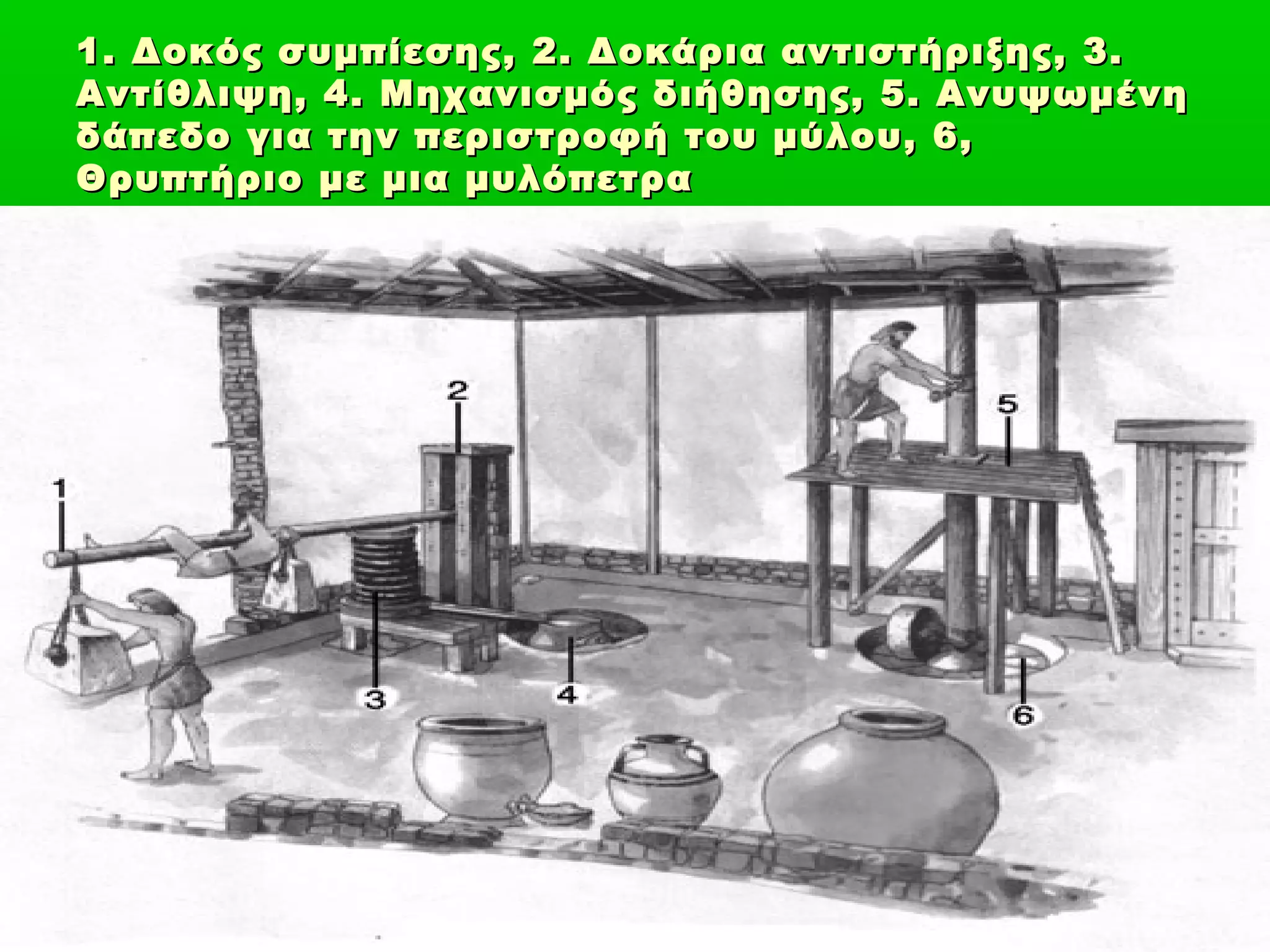 1. Δοκός συμπίεσης, 2. Δοκάρια αντιστήριξης, 3.
Αντίθλιψη, 4. Μηχανισμός διήθησης, 5. Ανυψωμένη
δάπεδο για την περιστροφή του μύλου, 6,
Θρυπτήριο με μια μυλόπετρα




                   ΠΙΓΓΟΥΡΑΣ/PINGOURAS
 