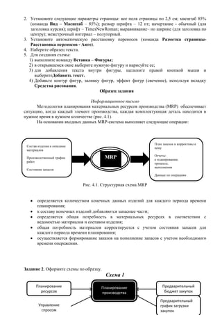 2. Установите следующие параметры страницы: все поля страницы по 2,5 см; масштаб 85%
    (команда Вид – Масштаб – 85%); размер шрифта – 12 пт; начертание - обычный (для
    заголовка курсив); шрифт – TimesNewRoman; выравнивание– по ширине (для заголовка по
    центру); межстрочный интервал – полуторный.
3. Установите автоматическую расстановку переносов (команда Разметка страницы-
    Расстановка переносов - Авто).
4. Наберите образец текста.
5. Для создания схемы:
   1) выполните команду Вставка – Фигуры;
   2) в открывшемся окне выберите нужную фигуру и нарисуйте ее;
   3) для добавления текста внутри фигуры, щелкните правой кнопкой мыши и
      выберитеДобавить текст.
   4) Добавьте контур фигур, заливку фигур, эффект фигур (свечение), используя вкладку
      Средства рисования.
                                     Образец задания

                               Информационное письмо
      Методология планирования материальных ресурсов производства (MRP) обеспечивает
ситуацию, когда каждый элемент производства, каждая комплектующая деталь находится в
нужное время в нужном количестве (рис. 4.1).
      На основании входных данных MRP-система выполняет следующие операции:



                                                               План заказов и коррективы к
 Состав изделия и описание
                                                               нему
 материалов
                                                               Отчеты:
 Производственный график                MRP
                                        MRP
                                        MRP                    о планировании;
 работ
                                                               процессе;
                                                               выполнении
 Состояние запасов
                                                               Данные по операциям


                             Рис. 4.1. Структурная схема MRP


       определяется количеством конечных данных изделий для каждого периода времени
       планирования;
       к составу конечных изделий добавляются запасные части;
       определяется общая потребность в материальных ресурсах в соответствии с
       ведомостью материалов и составом изделия;
       общая потребность материалов корректируется с учетом состояния запасов для
       каждого периода времени планирования;
       осуществляется формирование заказов на пополнение запасов с учетом необходимого
       времени опережения.




Задание 2. Оформите схемы по образцу.
                                        Схема 1

       Планирование                  Планирование                   Предварительный
         ресурсов                    производства                    бюджет закупок
                                          24
                                                                  Предварительный
        Управление                                                график загрузки
         спросом                                                  закупок
 