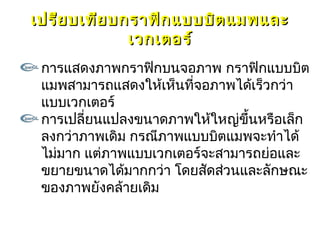 เปรีย บเทีย บกราฟิก แบบบิต แมพและ
              เวกเตอร์
 การแสดงภาพกราฟิกบนจอภาพ กราฟิกแบบบิต
 แมพสามารถแสดงให้เห็นที่จอภาพได้เร็วกว่า
 แบบเวกเตอร์
 การเปลี่ยนแปลงขนาดภาพให้ใหญ่ขึ้นหรือเล็ก
 ลงกว่าภาพเดิม กรณีภาพแบบบิตแมพจะทำาได้
 ไม่มาก แต่ภาพแบบเวกเตอร์จะสามารถย่อและ
 ขยายขนาดได้มากกว่า โดยสัดส่วนและลักษณะ
 ของภาพยังคล้ายเดิม
 