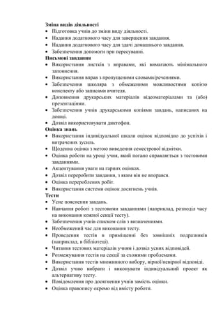 Зміна видів діяльності
• Підготовка учнів до зміни виду діяльності.
• Надання додаткового часу для завершення завдання.
• Надання додаткового часу для здачі домашнього завдання.
• Забезпечення допомоги при пересуванні.
Письмові завдання
• Використання листків з вправами, які вимагають мінімального
  заповнення.
• Використання вправ з пропущеними словами/реченнями.
• Забезпечення школяра з обмеженими можливостями копією
  конспекту або записами вчителя.
• Доповнення друкарських матеріалів відеоматеріалами та (або)
  презентаціями.
• Забезпечення учнів друкарськими копіями завдань, написаних на
  дошці.
• Дозвіл використовувати диктофон.
Оцінка знань
• Використання індивідуальної шкали оцінок відповідно до успіхів і
  витрачених зусиль.
• Щоденна оцінка з метою виведення семестрової відмітки.
• Оцінка роботи на уроці учня, який погано справляється з тестовими
  завданнями.
• Акцентування уваги на гарних оцінках.
• Дозвіл переробити завдання, з яким він не впорався.
• Оцінка перероблених робіт.
• Використання системи оцінок досягнень учнів.
Тести
• Усне пояснення завдань.
• Навчання роботі з тестовими завданнями (наприклад, розподіл часу
  на виконання кожної секції тесту).
• Забезпечення учнів списком слів з визначеннями.
• Необмежений час для виконання тесту.
• Проведення тестів в приміщенні без зовнішніх подразників
  (наприклад, в бібліотеці).
• Читання тестових матеріалів учням і дозвіл усних відповідей.
• Розмежування тестів на секції за схожими проблемами.
• Використання тестів множинного вибору, вірної/невірної відповіді.
• Дозвіл учню вибрати і виконувати індивідуальний проект як
  альтернативу тесту.
• Повідомлення про досягнення учнів замість оцінки.
• Оцінка правопису окремо від вмісту роботи.
 