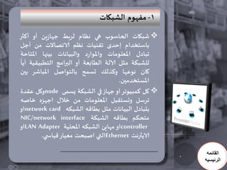 ‫1- مفهىم الشبياث‬
‫‪ ‬شبياث الحاضىب هي هظام لزبط حهاسٍن أو أهثر‬
‫باضخخدام إحدي جلنُاث هظم الاجصاالث من أحل‬
‫جبادٌ املعلىماث واملىارد والبُاهاث بُنها املخاحت‬
‫للشبىت مثل آلالت الطابعت أو البرامج الخطبُلُت أًا‬
‫وان هىعها وهذلً حطمح بالخىاصل املباشز بين‬
                                       ‫املطخخدمين.‬
‫‪ ‬ول همبُىجز او حهاس في الشبىت ٌطمى ‪node‬وول علدة‬
‫جزضل وحطخلبل املعلىماث من خالٌ احهشه خاصه‬
‫بدبادٌ البُاهاث مثل بطاكه الشبىه ‪network card‬او‬
‫مخحىم بطاكه الشبىت ‪NIC/network interface‬‬
‫‪controller‬او مهاَئ الشبىه املحلُت ‪LAN Adapter‬او‬
         ‫الاًثرهذ ‪Ethernet‬التي اصبحذ معُار كُاس ي.‬

                                                      ‫القائمه‬
                                                     ‫الرئيسيه‬
 
