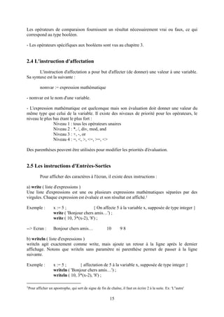 Les opérateurs de comparaison fournissent un résultat nécessairement vrai ou faux, ce qui
correspond au type booléen.

- Les opérateurs spécifiques aux booléens sont vus au chapitre 3.


2.4 L'instruction d'affectation
       L'instruction d'affectation a pour but d'affecter (de donner) une valeur à une variable.
Sa syntaxe est la suivante :

          nomvar := expression mathématique

- nomvar est le nom d'une variable.

- L'expression mathématique est quelconque mais son évaluation doit donner une valeur du
même type que celui de la variable. Il existe des niveaux de priorité pour les opérateurs, le
niveau le plus bas étant le plus fort :
               Niveau 1 : tous les opérateurs unaires
               Niveau 2 : *, /, div, mod, and
               Niveau 3 : +, -, or
               Niveau 4 : =, <, >, <=, >=, <>

Des parenthèses peuvent être utilisées pour modifier les priorités d'évaluation.


2.5 Les instructions d'Entrées-Sorties
          Pour afficher des caractères à l'écran, il existe deux instructions :

a) write ( liste d'expressions )
Une liste d'expressions est une ou plusieurs expressions mathématiques séparées par des
virgules. Chaque expression est évaluée et son résultat est affiché.1

Exemple :           x := 5 ;                { On affecte 5 à la variable x, supposée de type integer }
                    write ( 'Bonjour chers amis…') ;
                    write ( 10, 3*(x-2), '8') ;

--> Ecran :         Bonjour chers amis…                   10        98

b) writeln ( liste d'expressions )
writeln agit exactement comme write, mais ajoute un retour à la ligne après le dernier
affichage. Notons que writeln sans paramètre ni parenthèse permet de passer à la ligne
suivante.

Exemple :           x := 5 ;       { affectation de 5 à la variable x, supposée de type integer }
                    writeln ( 'Bonjour chers amis…') ;
                    writeln ( 10, 3*(x-2), '8') ;

1Pour   afficher un apostrophe, qui sert de signe de fin de chaîne, il faut en écrire 2 à la suite. Ex: 'L''autre'

                                                            15
 