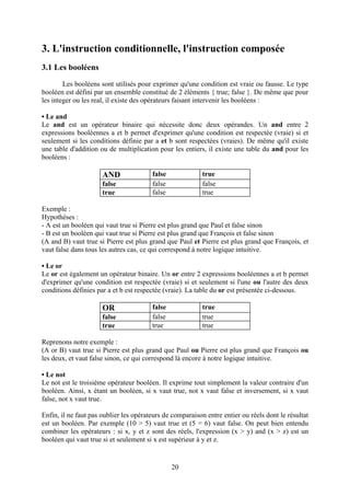 3. L'instruction conditionnelle, l'instruction composée
3.1 Les booléens
        Les booléens sont utilisés pour exprimer qu'une condition est vraie ou fausse. Le type
booléen est défini par un ensemble constitué de 2 éléments { true; false }. De même que pour
les integer ou les real, il existe des opérateurs faisant intervenir les booléens :

• Le and
Le and est un opérateur binaire qui nécessite donc deux opérandes. Un and entre 2
expressions booléennes a et b permet d'exprimer qu'une condition est respectée (vraie) si et
seulement si les conditions définie par a et b sont respectées (vraies). De même qu'il existe
une table d'addition ou de multiplication pour les entiers, il existe une table du and pour les
booléens :

                      AND               false              true
                      false             false              false
                      true              false              true

Exemple :
Hypothèses :
- A est un booléen qui vaut true si Pierre est plus grand que Paul et false sinon
- B est un booléen qui vaut true si Pierre est plus grand que François et false sinon
(A and B) vaut true si Pierre est plus grand que Paul et Pierre est plus grand que François, et
vaut false dans tous les autres cas, ce qui correspond à notre logique intuitive.

• Le or
Le or est également un opérateur binaire. Un or entre 2 expressions booléennes a et b permet
d'exprimer qu'une condition est respectée (vraie) si et seulement si l'une ou l'autre des deux
conditions définies par a et b est respectée (vraie). La table du or est présentée ci-dessous.

                      OR                false              true
                      false             false              true
                      true              true               true

Reprenons notre exemple :
(A or B) vaut true si Pierre est plus grand que Paul ou Pierre est plus grand que François ou
les deux, et vaut false sinon, ce qui correspond là encore à notre logique intuitive.

• Le not
Le not est le troisième opérateur booléen. Il exprime tout simplement la valeur contraire d'un
booléen. Ainsi, x étant un booléen, si x vaut true, not x vaut false et inversement, si x vaut
false, not x vaut true.

Enfin, il ne faut pas oublier les opérateurs de comparaison entre entier ou réels dont le résultat
est un booléen. Par exemple (10 > 5) vaut true et (5 = 6) vaut false. On peut bien entendu
combiner les opérateurs : si x, y et z sont des réels, l'expression (x > y) and (x > z) est un
booléen qui vaut true si et seulement si x est supérieur à y et z.


                                                20
 