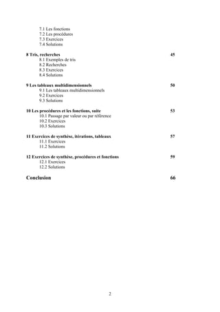 7.1 Les fonctions
       7.2 Les procédures
       7.3 Exercices
       7.4 Solutions

8 Tris, recherches                                  45
        8.1 Exemples de tris
        8.2 Recherches
        8.3 Exercices
        8.4 Solutions

9 Les tableaux multidimensionnels                   50
       9.1 Les tableaux multidimensionnels
       9.2 Exercices
       9.3 Solutions

10 Les procédures et les fonctions, suite           53
       10.1 Passage par valeur ou par référence
       10.2 Exercices
       10.3 Solutions

11 Exercices de synthèse, itérations, tableaux      57
      11.1 Exercices
      11.2 Solutions

12 Exercices de synthèse, procédures et fonctions   59
      12.1 Exercices
      12.2 Solutions

Conclusion                                          66




                                             2
 