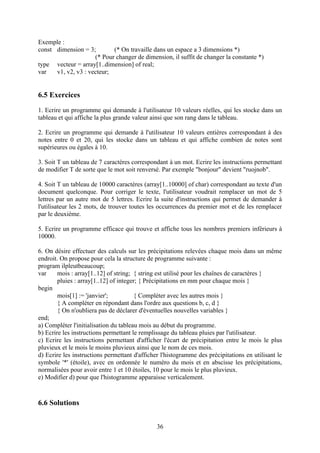 Exemple :
const dimension = 3;        (* On travaille dans un espace a 3 dimensions *)
                     (* Pour changer de dimension, il suffit de changer la constante *)
type vecteur = array[1..dimension] of real;
var   v1, v2, v3 : vecteur;


6.5 Exercices
1. Ecrire un programme qui demande à l'utilisateur 10 valeurs réelles, qui les stocke dans un
tableau et qui affiche la plus grande valeur ainsi que son rang dans le tableau.

2. Ecrire un programme qui demande à l'utilisateur 10 valeurs entières correspondant à des
notes entre 0 et 20, qui les stocke dans un tableau et qui affiche combien de notes sont
supérieures ou égales à 10.

3. Soit T un tableau de 7 caractères correspondant à un mot. Ecrire les instructions permettant
de modifier T de sorte que le mot soit renversé. Par exemple "bonjour" devient "ruojnob".

4. Soit T un tableau de 10000 caractères (array[1..10000] of char) correspondant au texte d'un
document quelconque. Pour corriger le texte, l'utilisateur voudrait remplacer un mot de 5
lettres par un autre mot de 5 lettres. Ecrire la suite d'instructions qui permet de demander à
l'utilisateur les 2 mots, de trouver toutes les occurrences du premier mot et de les remplacer
par le deuxième.

5. Ecrire un programme efficace qui trouve et affiche tous les nombres premiers inférieurs à
10000.

6. On désire effectuer des calculs sur les précipitations relevées chaque mois dans un même
endroit. On propose pour cela la structure de programme suivante :
program ilpleutbeaucoup;
var     mois : array[1..12] of string; { string est utilisé pour les chaînes de caractères }
        pluies : array[1..12] of integer; { Précipitations en mm pour chaque mois }
begin
        mois[1] := 'janvier';          { Compléter avec les autres mois }
        { A compléter en répondant dans l'ordre aux questions b, c, d }
        { On n'oubliera pas de déclarer d'éventuelles nouvelles variables }
end;
a) Compléter l'initialisation du tableau mois au début du programme.
b) Ecrire les instructions permettant le remplissage du tableau pluies par l'utilisateur.
c) Ecrire les instructions permettant d'afficher l'écart de précipitation entre le mois le plus
pluvieux et le mois le moins pluvieux ainsi que le nom de ces mois.
d) Ecrire les instructions permettant d'afficher l'histogramme des précipitations en utilisant le
symbole '*' (étoile), avec en ordonnée le numéro du mois et en abscisse les précipitations,
normalisées pour avoir entre 1 et 10 étoiles, 10 pour le mois le plus pluvieux.
e) Modifier d) pour que l'histogramme apparaisse verticalement.



6.6 Solutions


                                               36
 