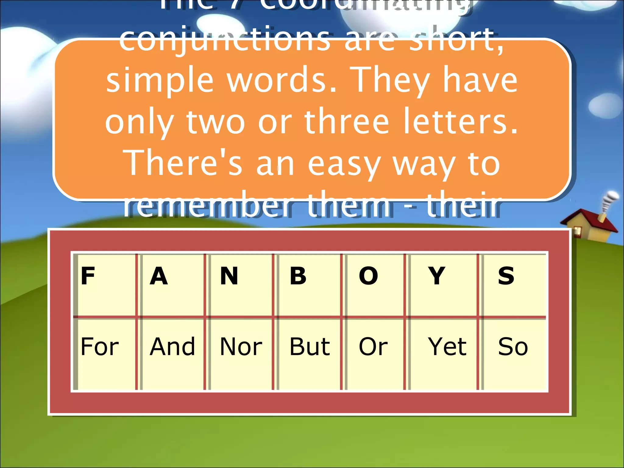 The 7 coordinating
       The 7 coordinating
     conjunctions are short,
     conjunctions are short,
    simple words. They have
    simple words. They have
    only two or three letters.
    only two or three letters.
     There's an easy way to
      There's an easy way to
     remember them -- their
     remember them their
           initials spell
            initials spell
F     A    N    B     O    Y     S

For   And Nor   But   Or   Yet   So
 