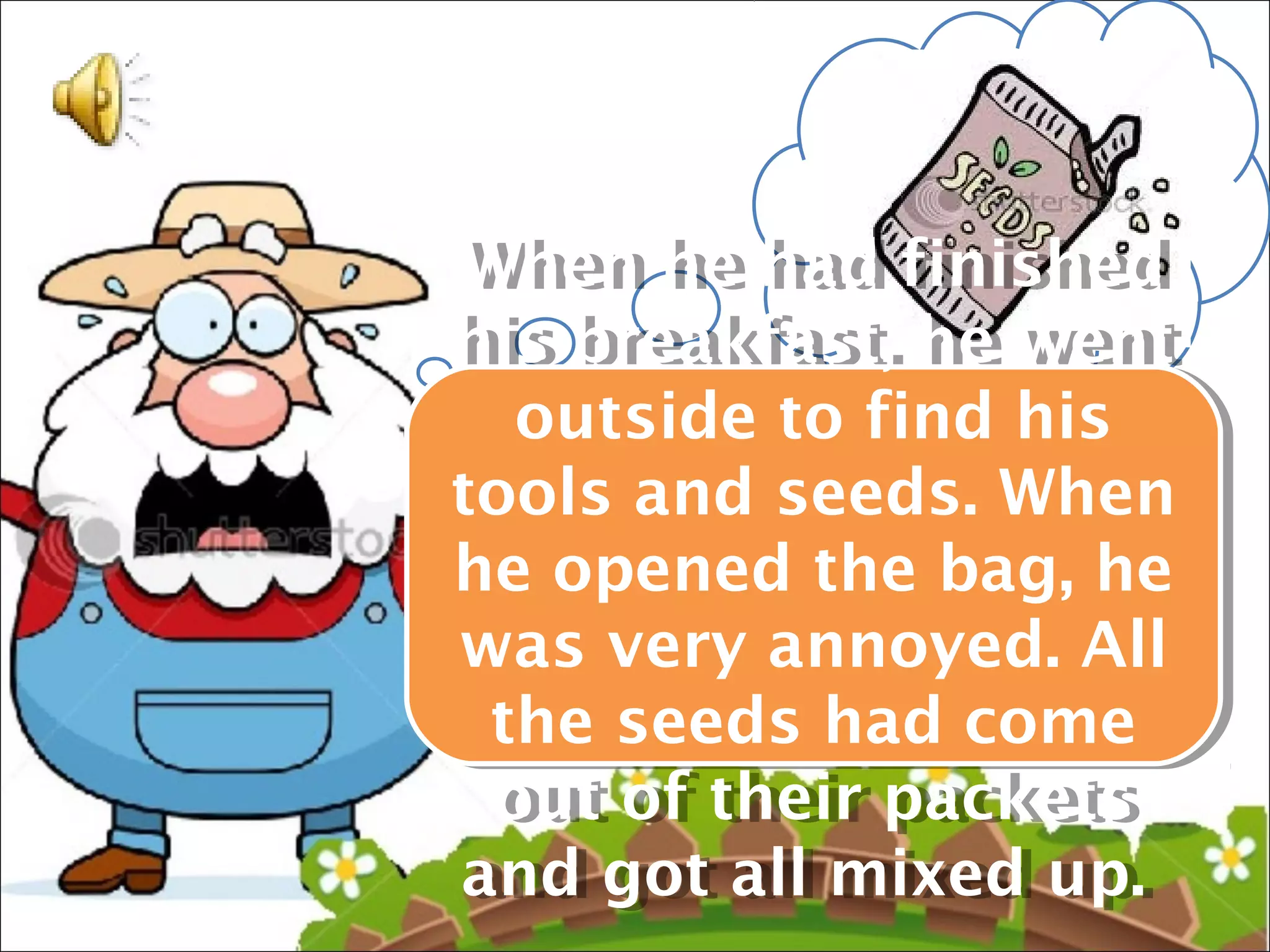 When he had finished
 When he had finished
his breakfast, he went
his breakfast, he went
   outside to find his
    outside to find his
tools and seeds. When
tools and seeds. When
he opened the bag, he
he opened the bag, he
was very annoyed. All
 was very annoyed. All
  the seeds had come
  the seeds had come
  out of their packets
   out of their packets
and got all mixed up.
 and got all mixed up.
 