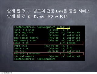 알게 된 것 1 : 별도의 전용 Line을 통한 서비스
        알게 된 것 2 : Default FD <= 1024




13년 1월 28일 월요일
 