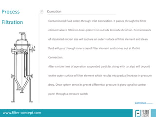 Process                   Operation


Filtration                Contaminated fluid enters through Inlet Connection. It passes through the filter

                          element where filtration takes place from outside to inside direction. Contaminants

                          of stipulated micron size will capture on outer surface of filter element and clean

                          fluid will pass through inner core of filter element and comes out at Outlet

                          Connection.

                          After certain time of operation suspended particles along with catalyst will deposit

                          on the outer surface of filter element which results into gradual increase in pressure

                          drop. Once system sense its preset differential pressure it gives signal to control

                          panel through a pressure switch

                                                                                                   Continue……….


 www.filter-concept.com
www.filter-concept.com                                                          www.e-brandstudio.com
 