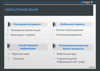 СФЕРЫ ПРИМЕНЕНИЯ


     Рекламный инструмент:        Мобильные сервисы:

 • Проведение промо-акций    • Оплата и бронирование
 • Мониторинг трафика        • Геопозиционирование



         Способ передачи         Оптимизация внутренних
          информации:               бизнес процессов:
 • Обратная связь            • Мобильный офис
 •   Рассылки                • Создание единой
                               информационной среды

                                                          10|14
 