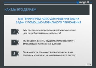КАК МЫ ЭТО ДЕЛАЕМ

         МЫ ГЕНИРИРУЕМ ИДЕЮ ДЛЯ РЕШЕНИЯ ВАШИХ
        ЗАДАЧ С ПОМОЩЬЮ МОБИЛЬНОГО ПРИЛОЖЕНИЯ

            Мы предлагаем встретиться и обсудить решение
    1       для потребностей вашего бизнеса!


           Мы создаем дизайн, осуществляем разработку и
    2      оптимизацию приложения для вас!


           Ваши клиенты пользуются приложением, а мы
    3      помогаем извлечь из него максимальную выгоду!


                                                           12|14
 