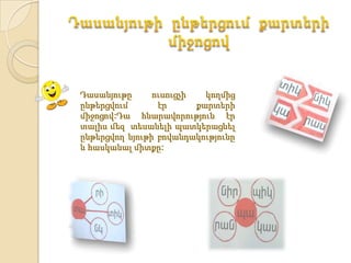 Դասանյութը      ուսուցչի   կողմից
ընթերցվում       էր      քարտերի
միջոցով:Դա հնարավորություն էր
տալիս մեզ տեսանելի պատկերացնել
ընթերցվող նյութի բովանդակությունը
և հասկանալ միտքը:
 