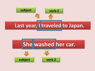 subject      verb 2



Last year, I traveled to Japan.


   She washed her car.

 subject      verb 2
 