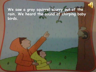 We saw a gray squirrel scurry out of the
rain. We heard the sound of chirping baby
birds.
 