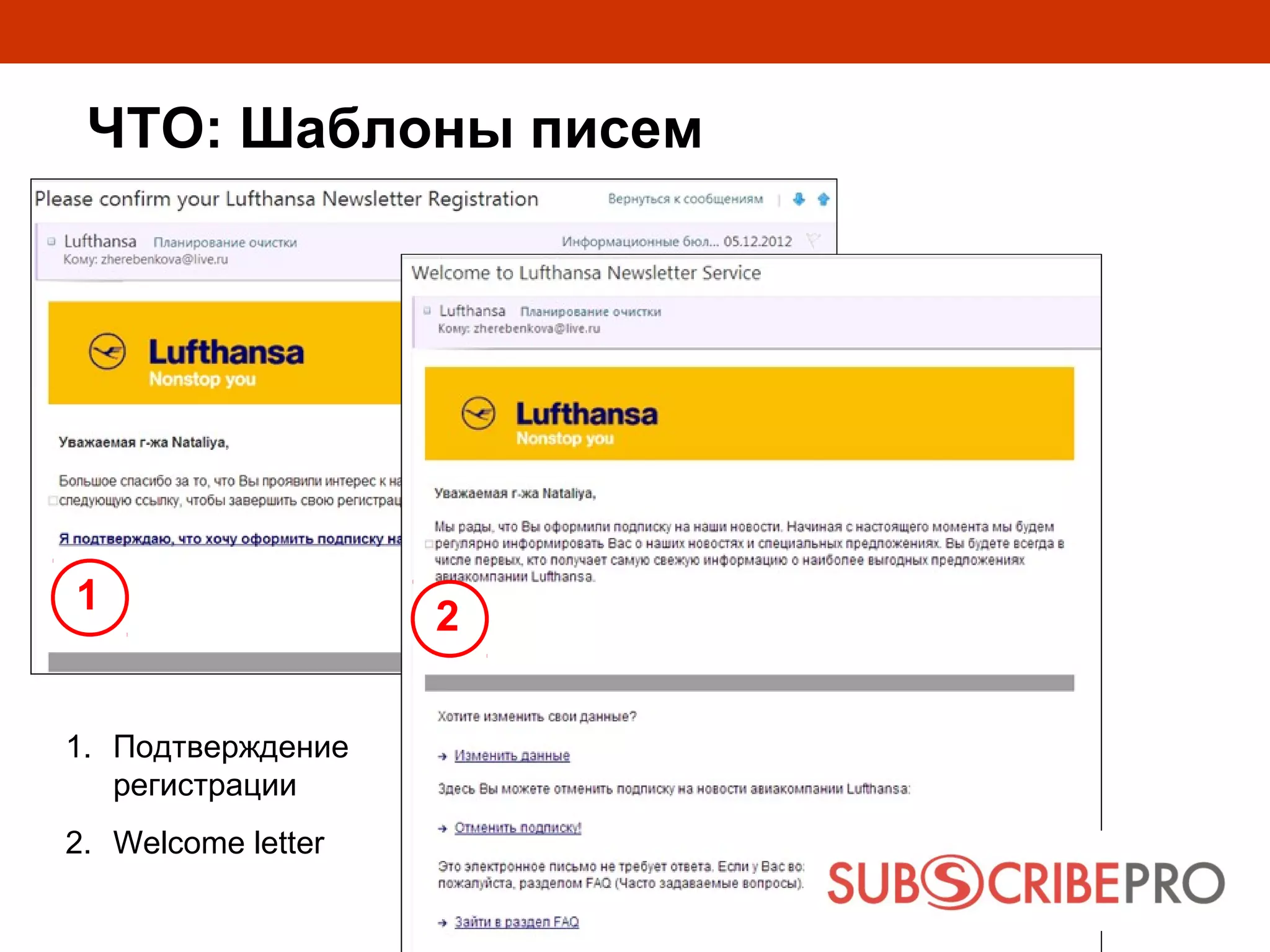 ЧТО: Шаблоны писем




1                   2

1. Подтверждение
   регистрации
2. Welcome letter
 